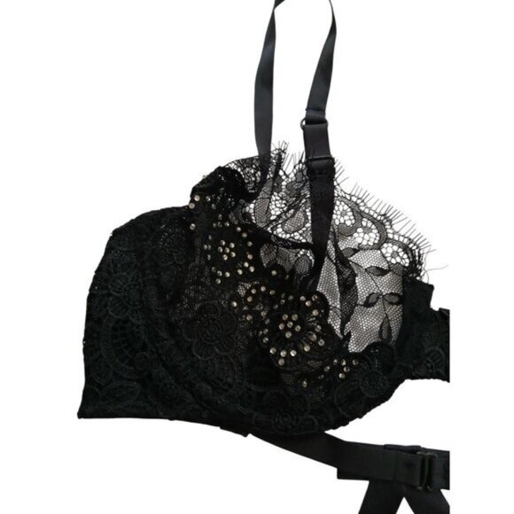 Elegant Black Lace Floral Unlined Demi Underwire Bra 32C Rhinestone Bling Mesh - Picture 2 of 8